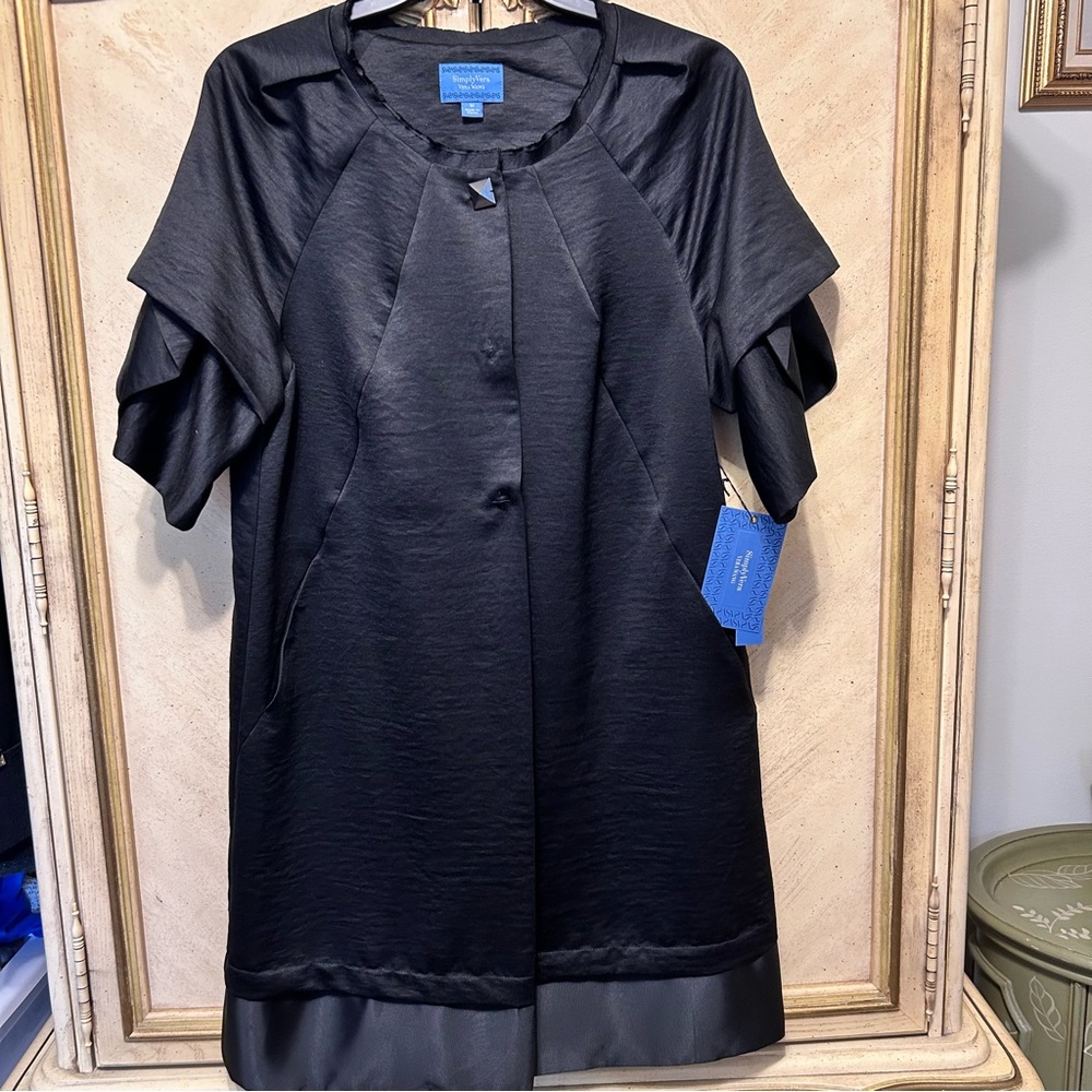 Vera Wang Elegant Black Satin Mid Length Evening Jacket NEW NWT